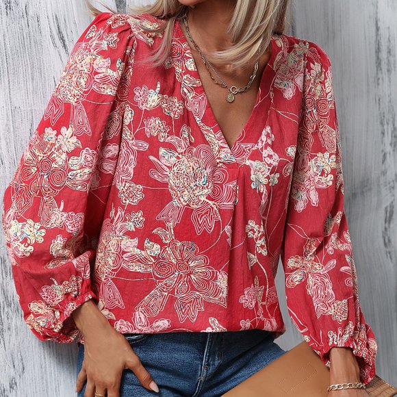 New Floral Print Lantern Sleeve Blouse Red - Picture 4 of 6